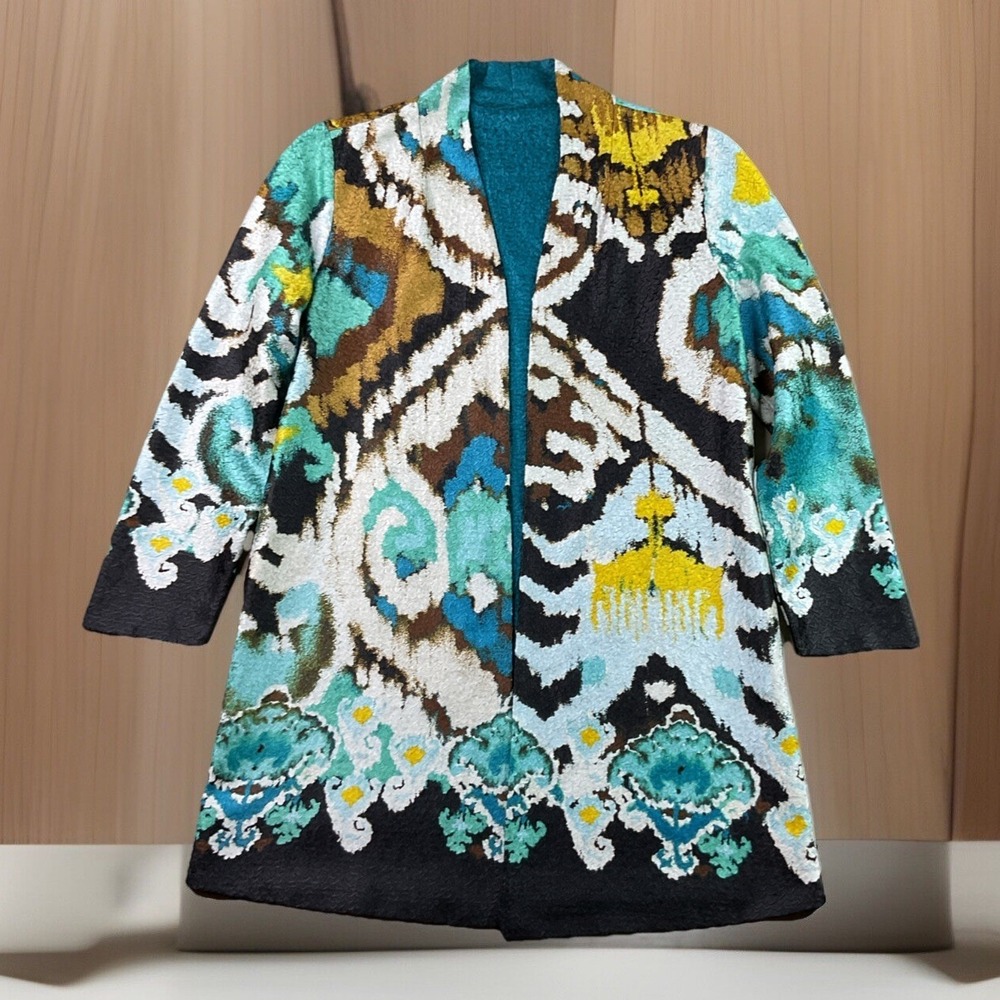 Chicos Reversible Ikat‎ Crushed Jacket Womens S Floral Open Front Artsy Kimono